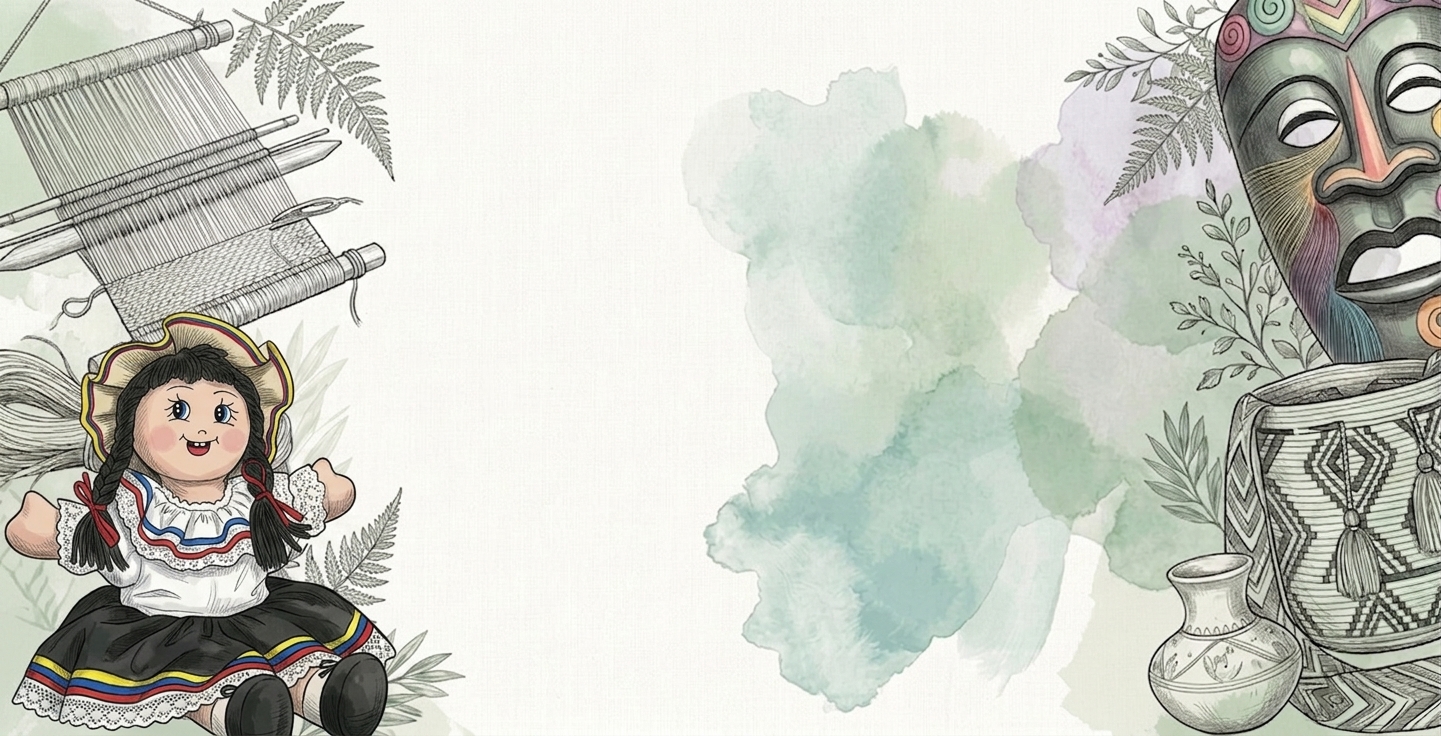 Ilustración conceptual de artesanías colombianas, tramas y fibras ancestrales